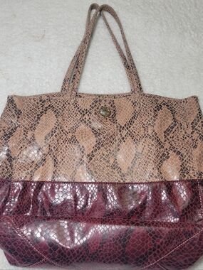 Jessica Simpson Snakeskin Tote Bag Large Shoulder Bag Tan Burgundy Faux Leather